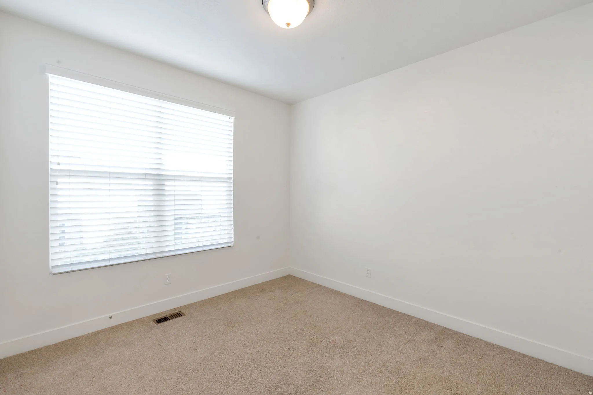 Wall-to-wall carpeting and a single window with blinds