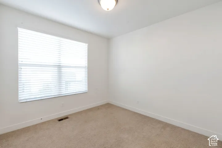 Wall-to-wall carpeting and a single window with blinds