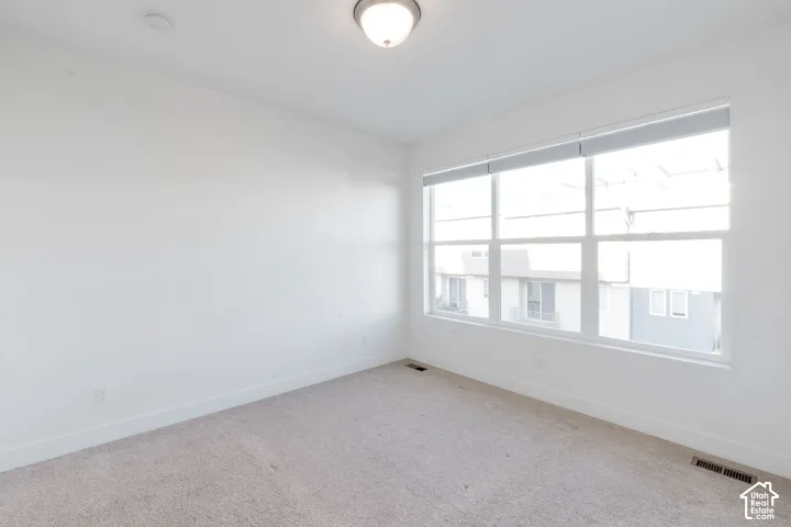 Bright room featuring large windows, neutral carpet, white walls, and a ceiling-mounted light fixture