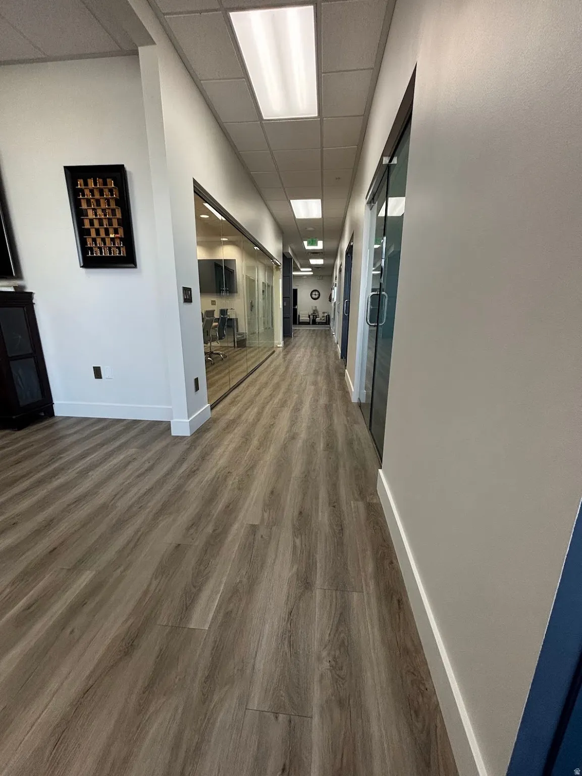 Hallway featuring wood-finish flooring and recessed fluorescent lighting