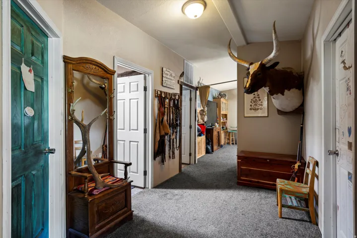 Spacious hallway with light gray carpeting, neutral wall finishes, and a flush-mount ceiling light fixture