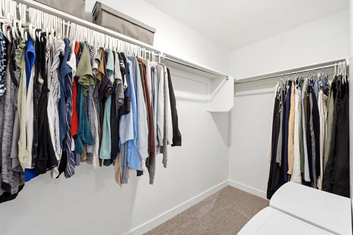 Walk-in closet featuring white walls, baseboards, and neutral-toned carpet flooring
