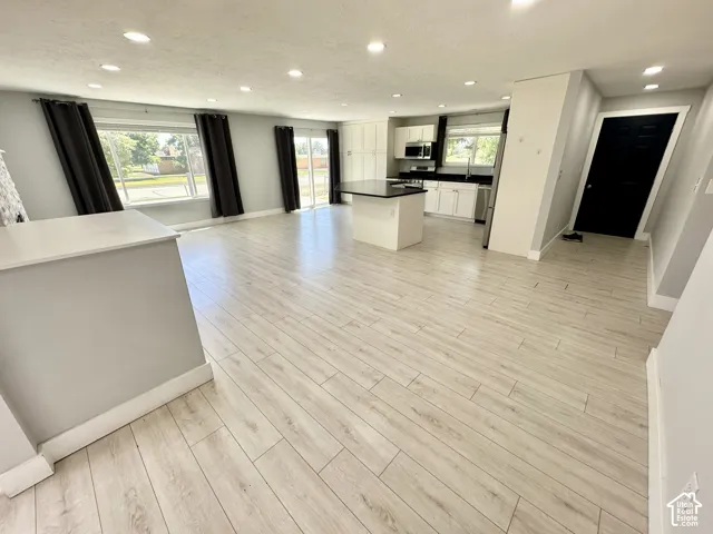 Open-concept living space featuring wood-finish flooring, recessed lighting, and light gray walls