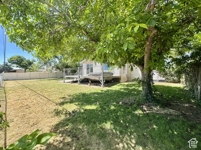 Expansive backyard featuring a mature tree providing shade, a partial wooden deck with metal railing, a white vinyl fence, and a chain-link fence