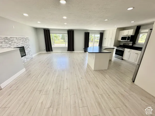 Open-concept living space with light wood-finish flooring, recessed lighting, and a contemporary fireplace featuring stacked stone