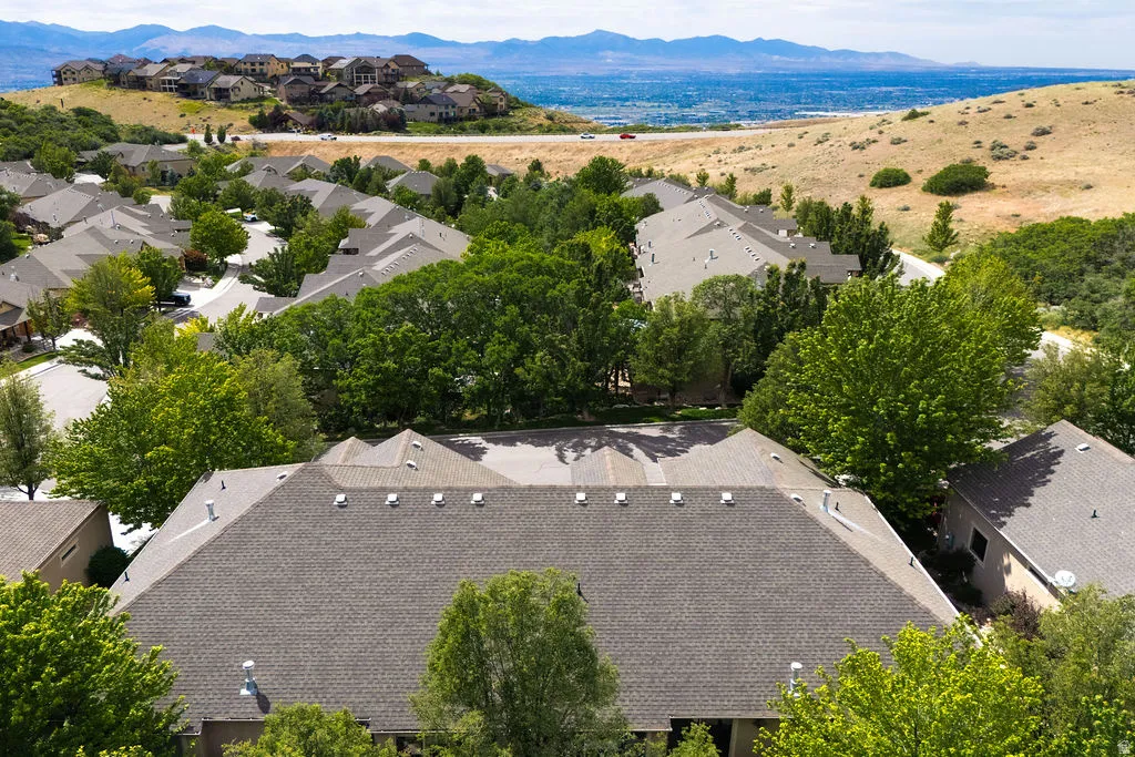 Residential community featuring mature trees, paved streets, and a mountainous backdrop with distant water