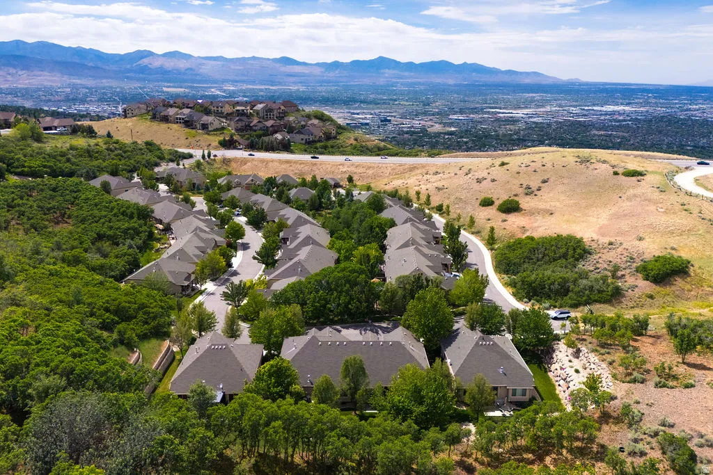 Hillside residential community featuring a paved cul-de-sac and mature trees