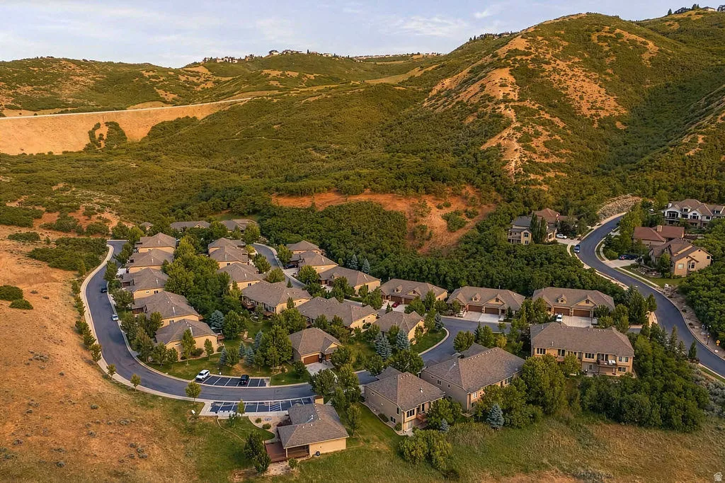 Residential community featuring a winding paved street and multiple single-family homes
