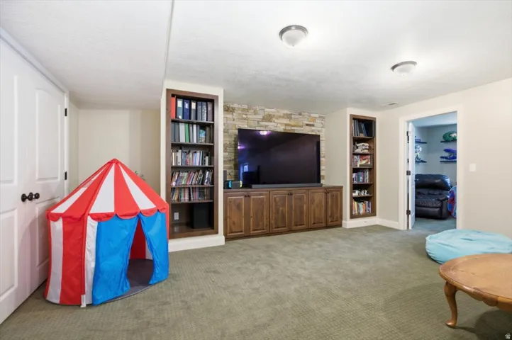 Entertainment area featuring a stone accent wall, built-in media console with storage, integrated shelving, flush-mount lighting, and carpeted flooring