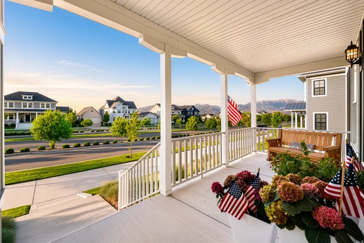 Inviting front porch featuring a porch swing, white railings, and a mounted exterior light fixture