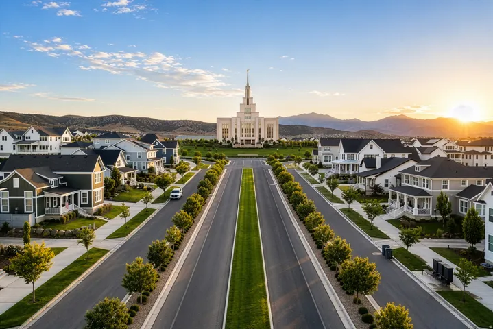 Street-lined residences featuring diverse architectural styles, landscaped front yards with mature trees, and paved sidewalks