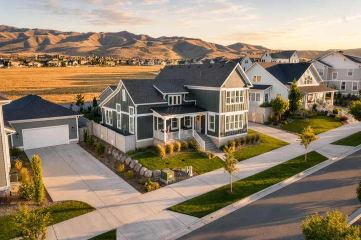 Two-story home with dark gray siding, white trim, and a covered front porch, featuring a detached two-car garage