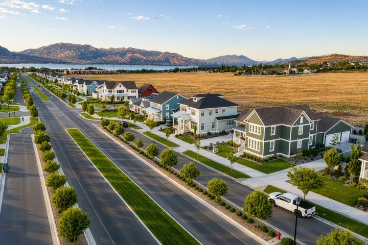 Planned community with varied architectural styles, manicured street trees, open fields, and distant mountains