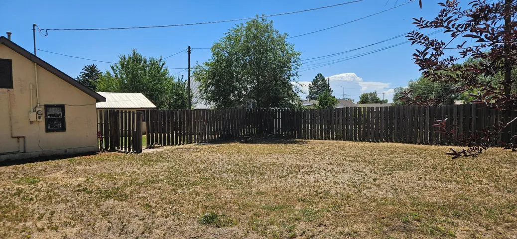 Expansive outdoor space featuring a full perimeter privacy fence, a mature shade tree, and a side access gate