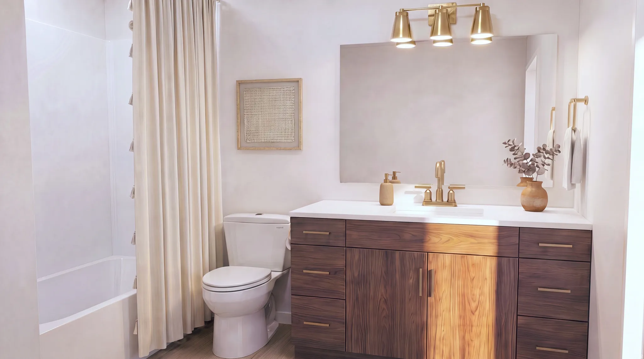 Bathroom featuring a wood-finish vanity with ample storage, a white countertop, and a rectangular undermount sink