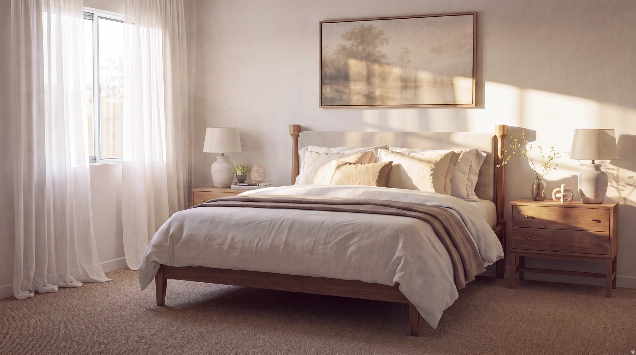 Inviting bedroom featuring neutral wall tones, window with sheer drapery, and soft carpet flooring