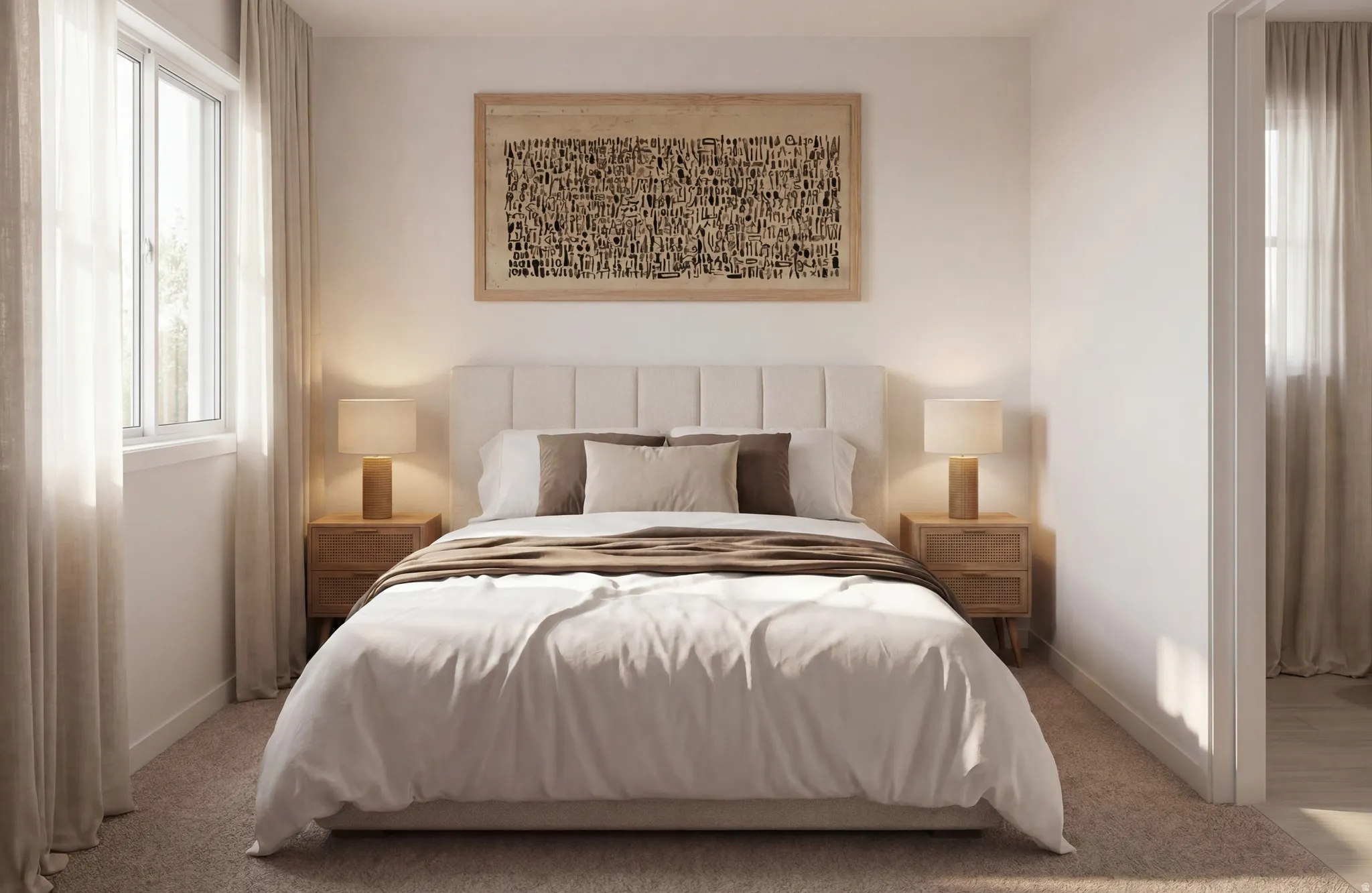 Carpeted room featuring a window with natural light, a paneled headboard, and wood-finish nightstands