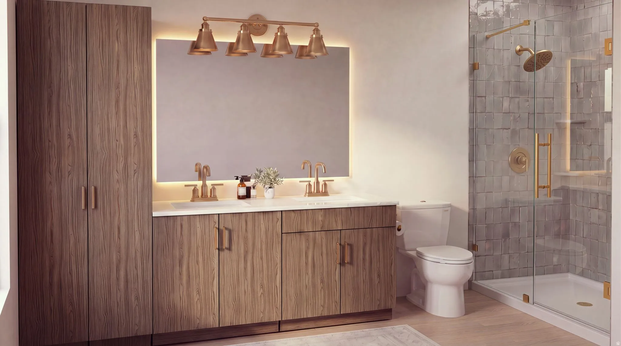 Modern bathroom featuring a dual vanity with wood-finish cabinetry and white countertops