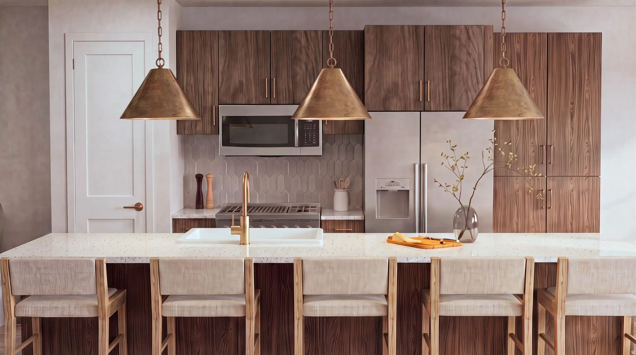Kitchen island with light-toned countertop and integrated sink