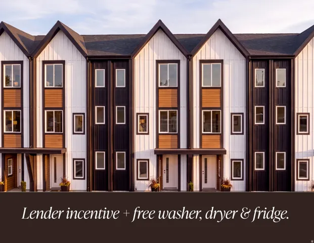 Marketing Advertisement. Displaying a row of multi-story residential structures with a promotional offer for the property