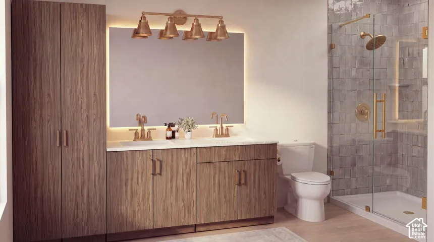 Modern bathroom featuring a dual vanity with wood-finish cabinetry and white countertops
