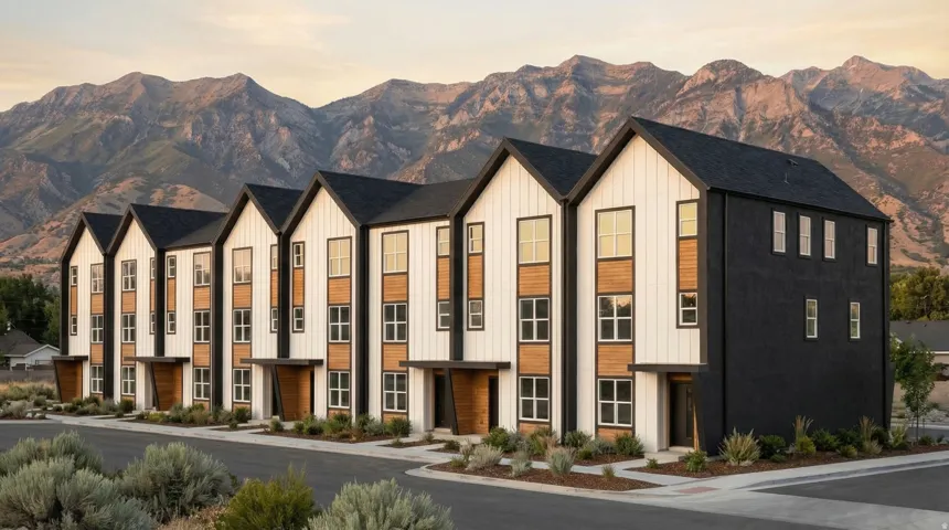 Modern townhome architecture featuring white vertical siding and contrasting dark accents
