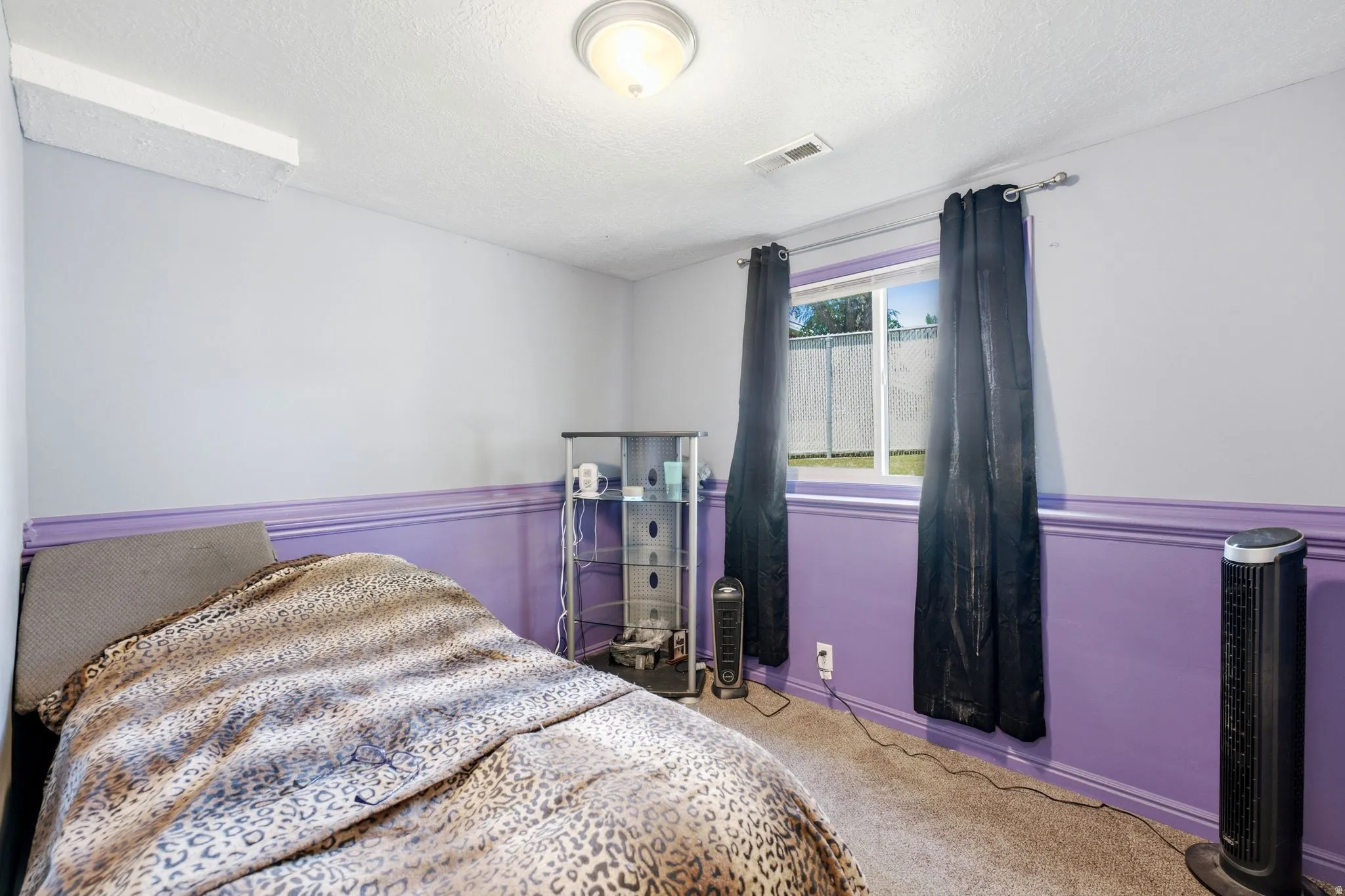 Windowed room featuring wall-to-wall carpeting and a two-tone wall treatment with a purple wainscoting