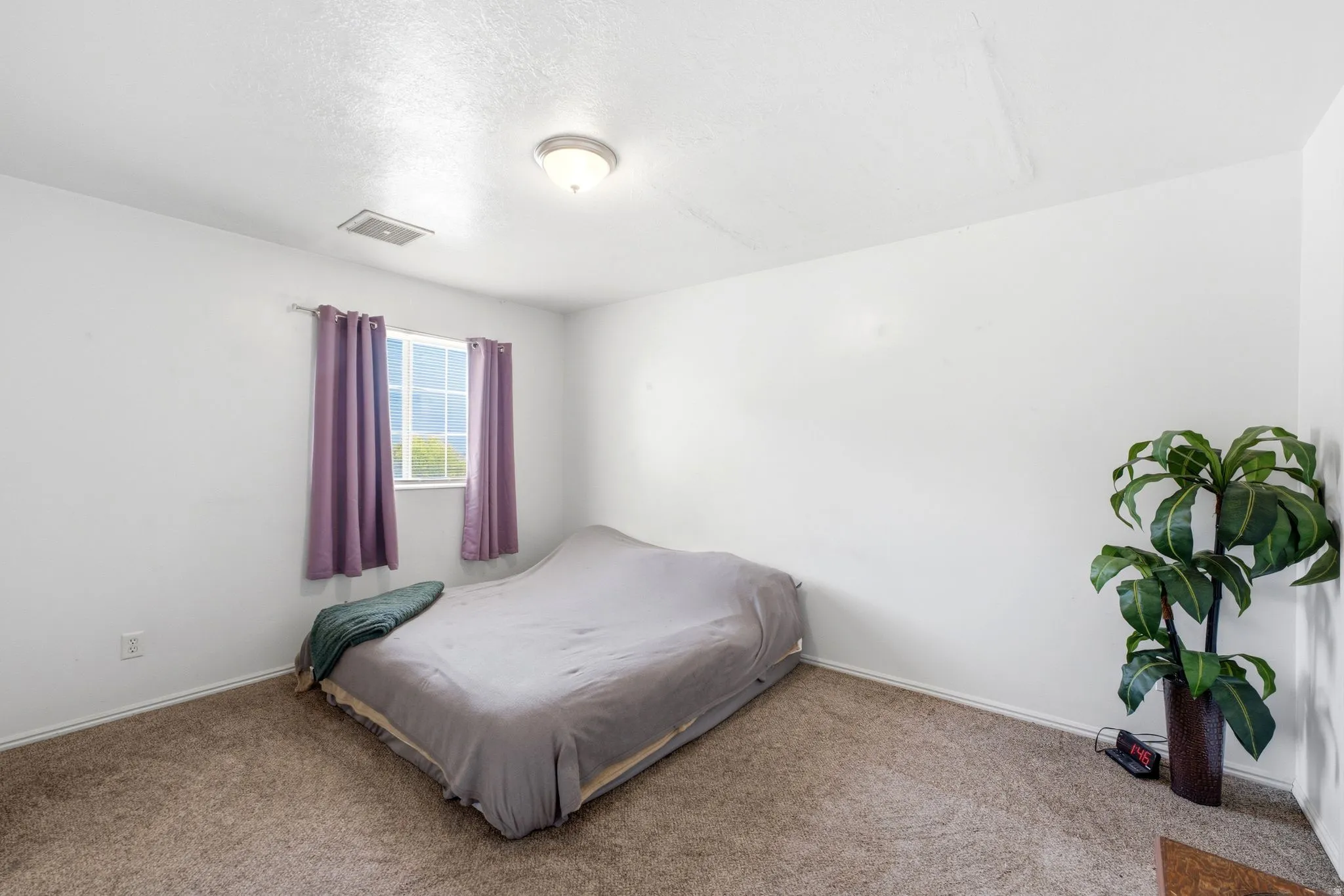 Carpeted room featuring a window with vertical blinds, a ceiling-mounted light fixture, and white painted walls