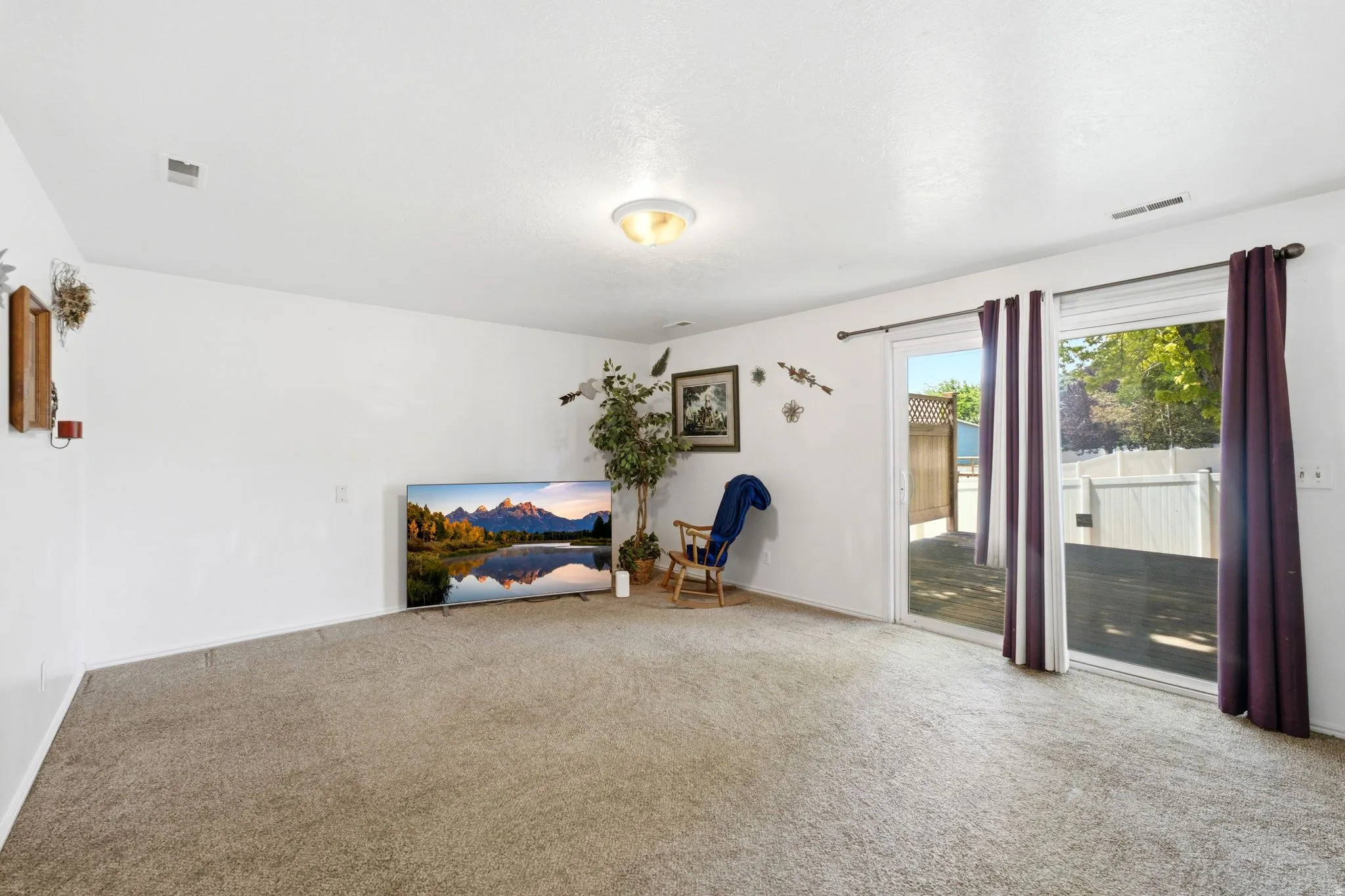 Carpeted interior space featuring white walls and a ceiling-mounted light fixture
