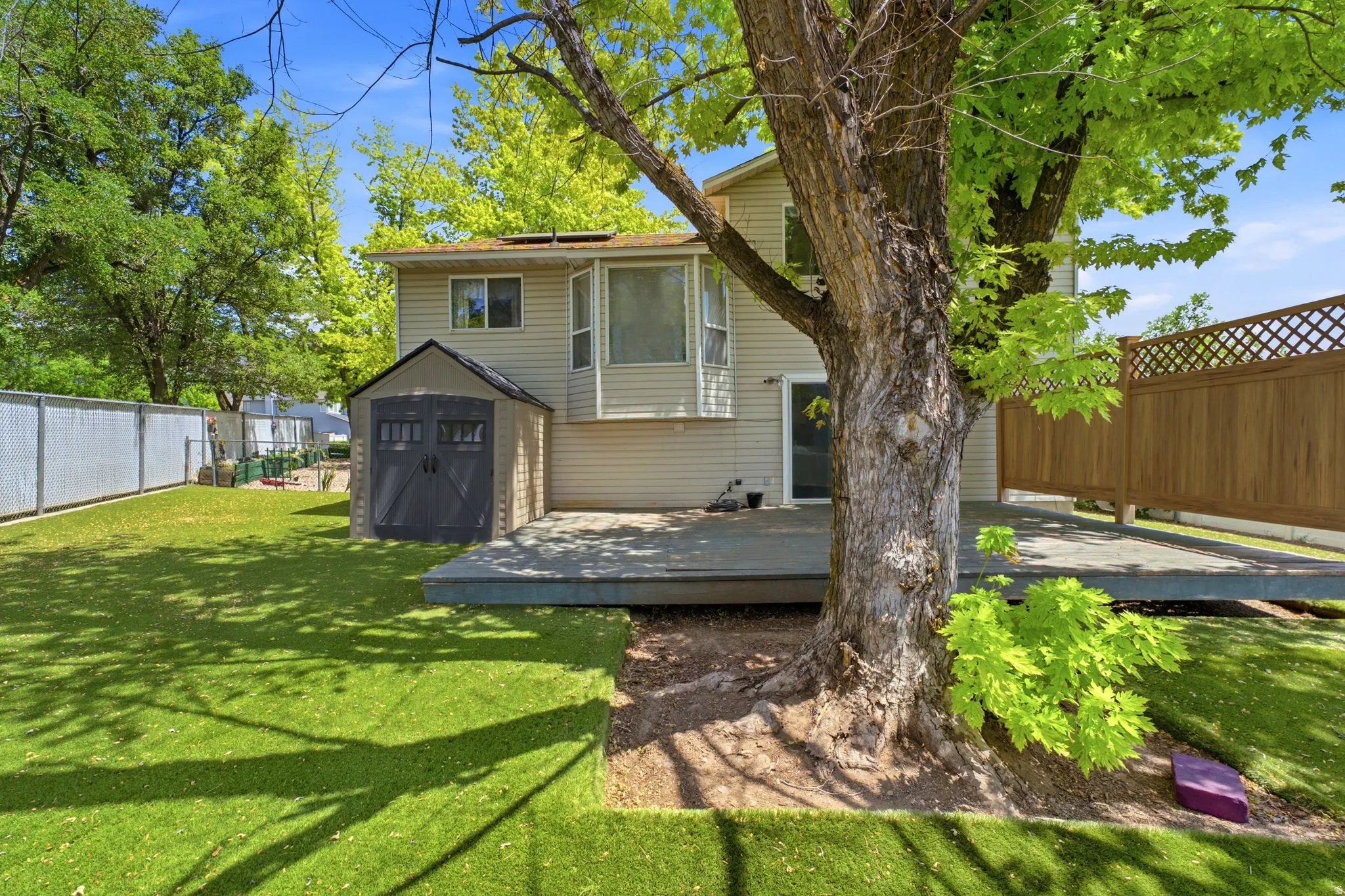 Spacious backyard featuring a large tree, green lawn, and an expansive deck