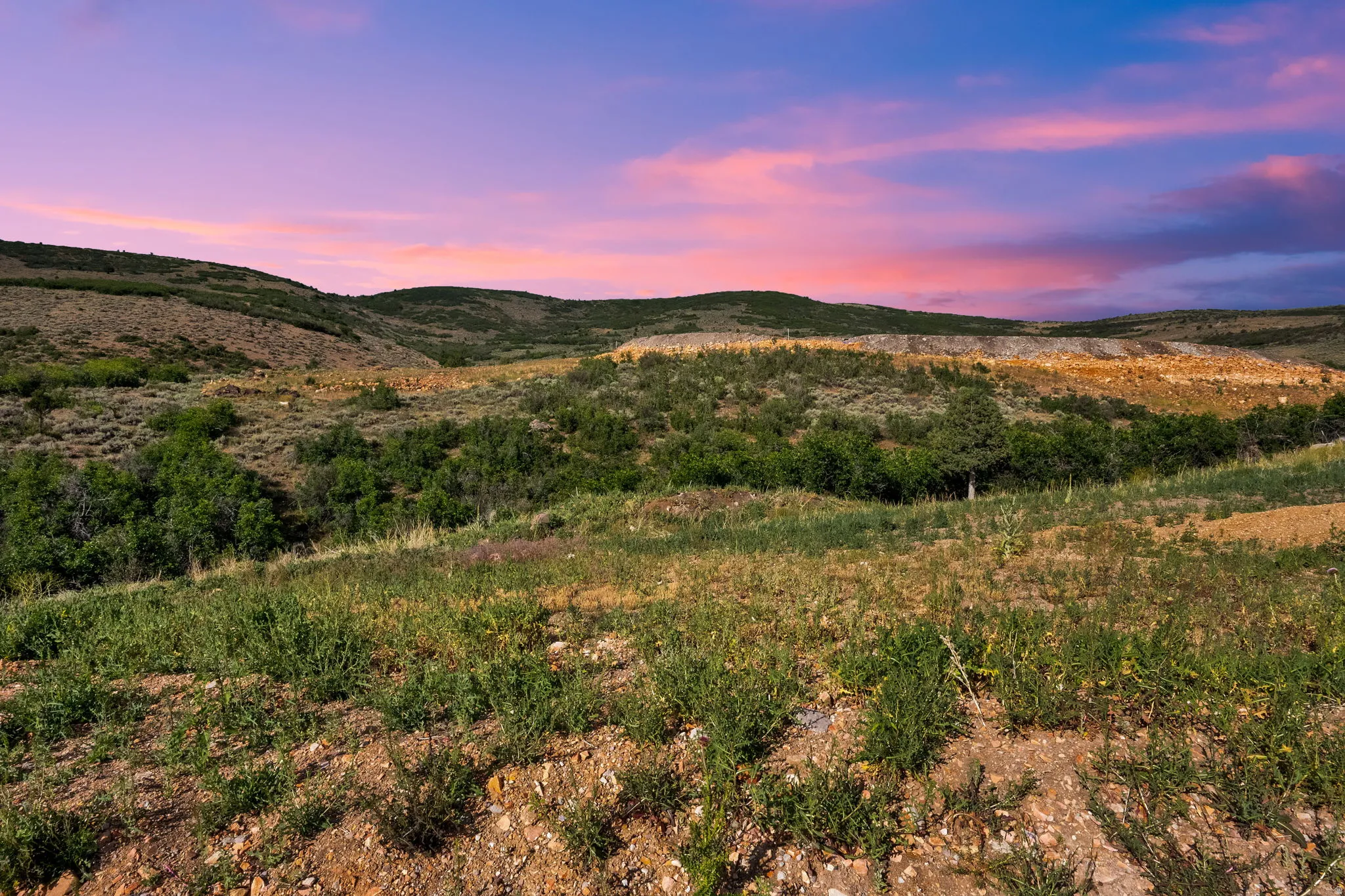 Expansive land offering sloping terrain, diverse foliage, and distant hills
