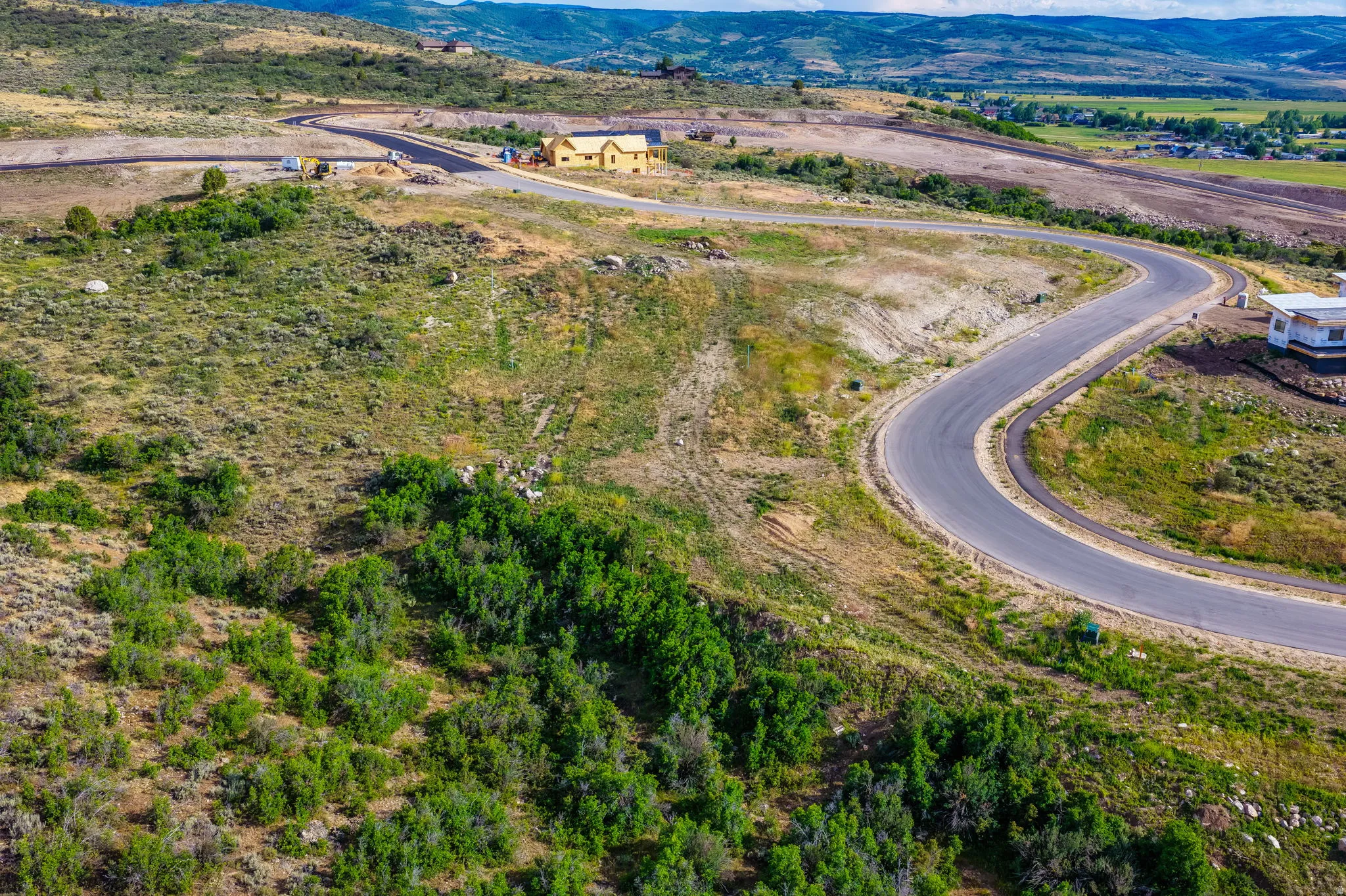 Winding paved road traversing a verdant landscape with scattered trees and distant mountainous terrain