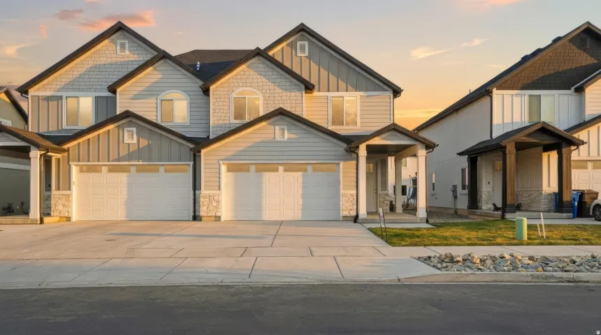 Multi-level facade featuring varied siding, stone accents, and multiple gables