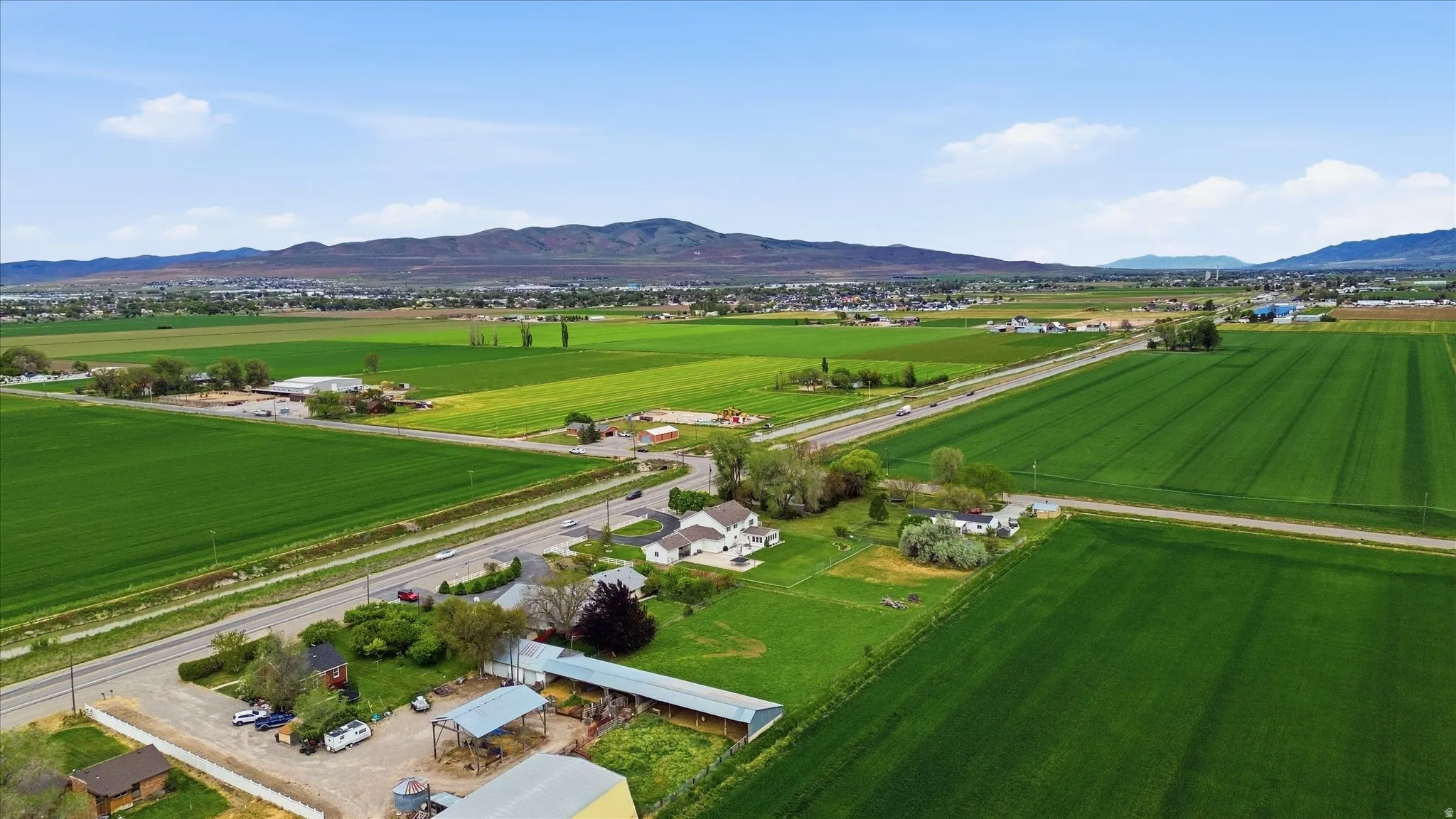 Agricultural landscape featuring vast green fields and distant mountain ranges