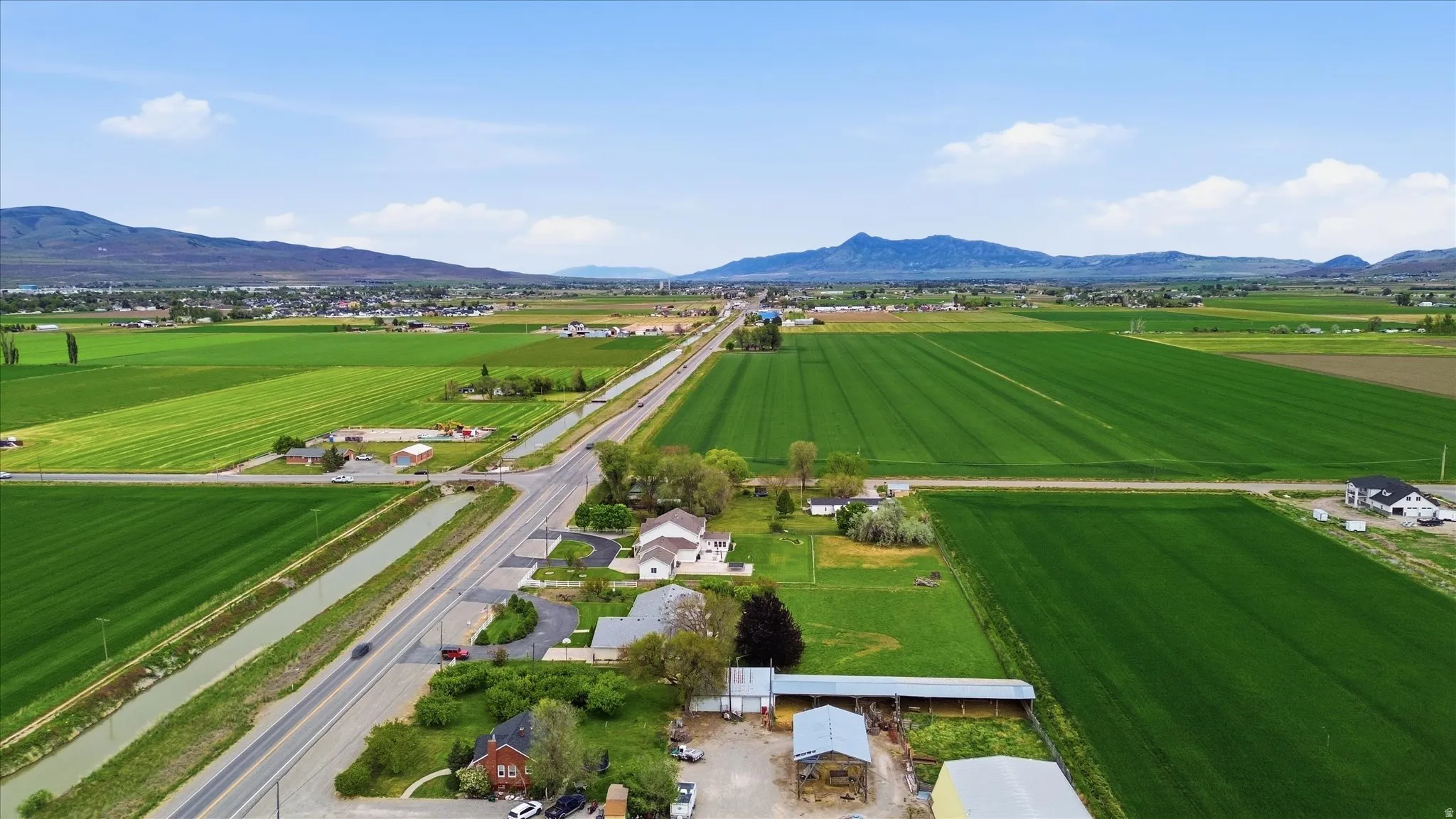 Agricultural landscape featuring vast green fields and a distant mountain range