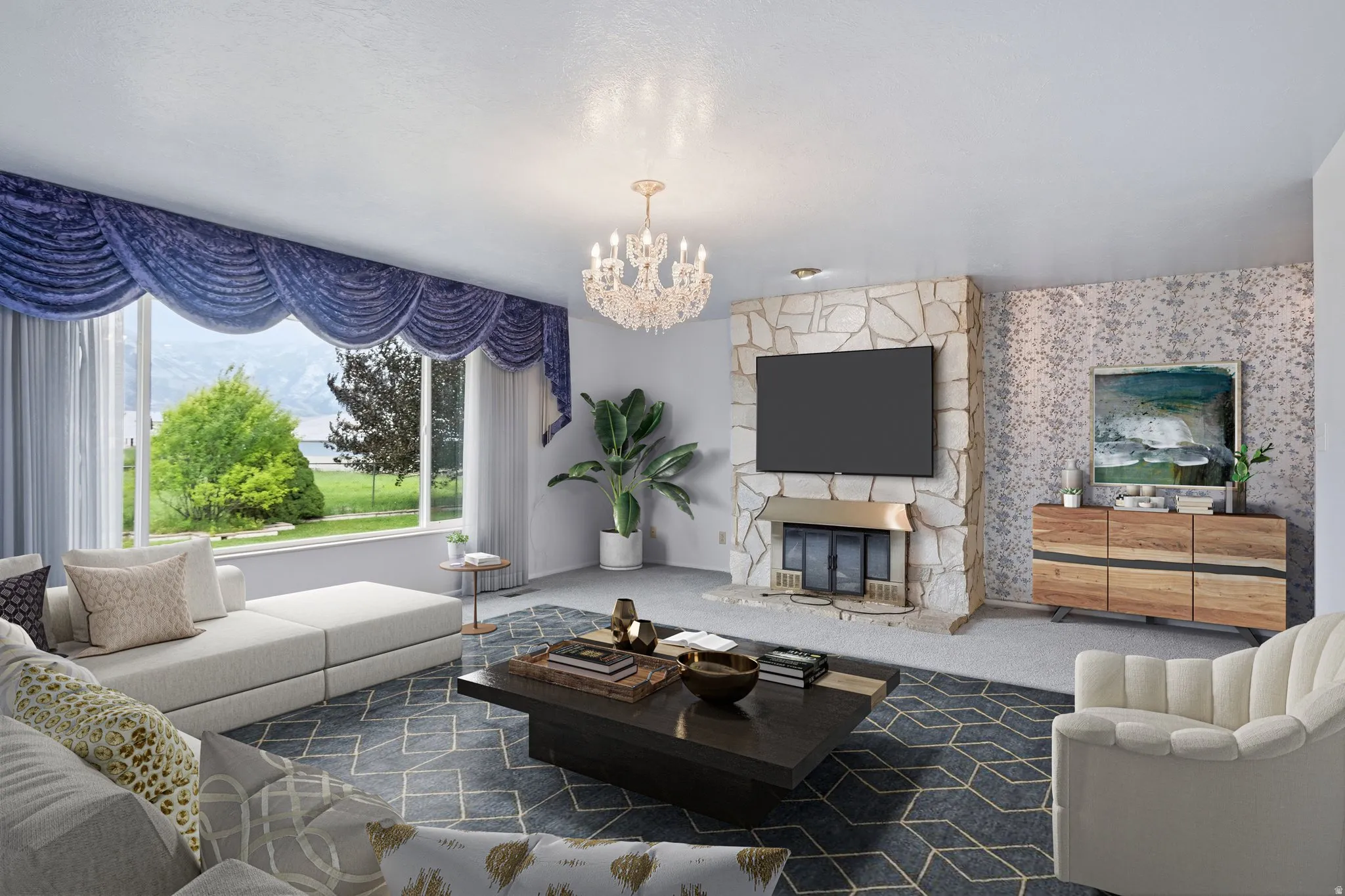 Stone fireplace feature with brass-tone accents