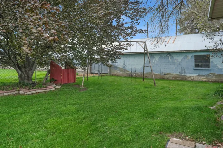 Green lawn with mature trees and a chain link fence