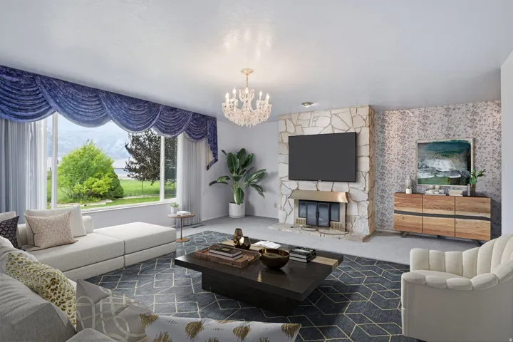 Stone fireplace feature with brass-tone accents