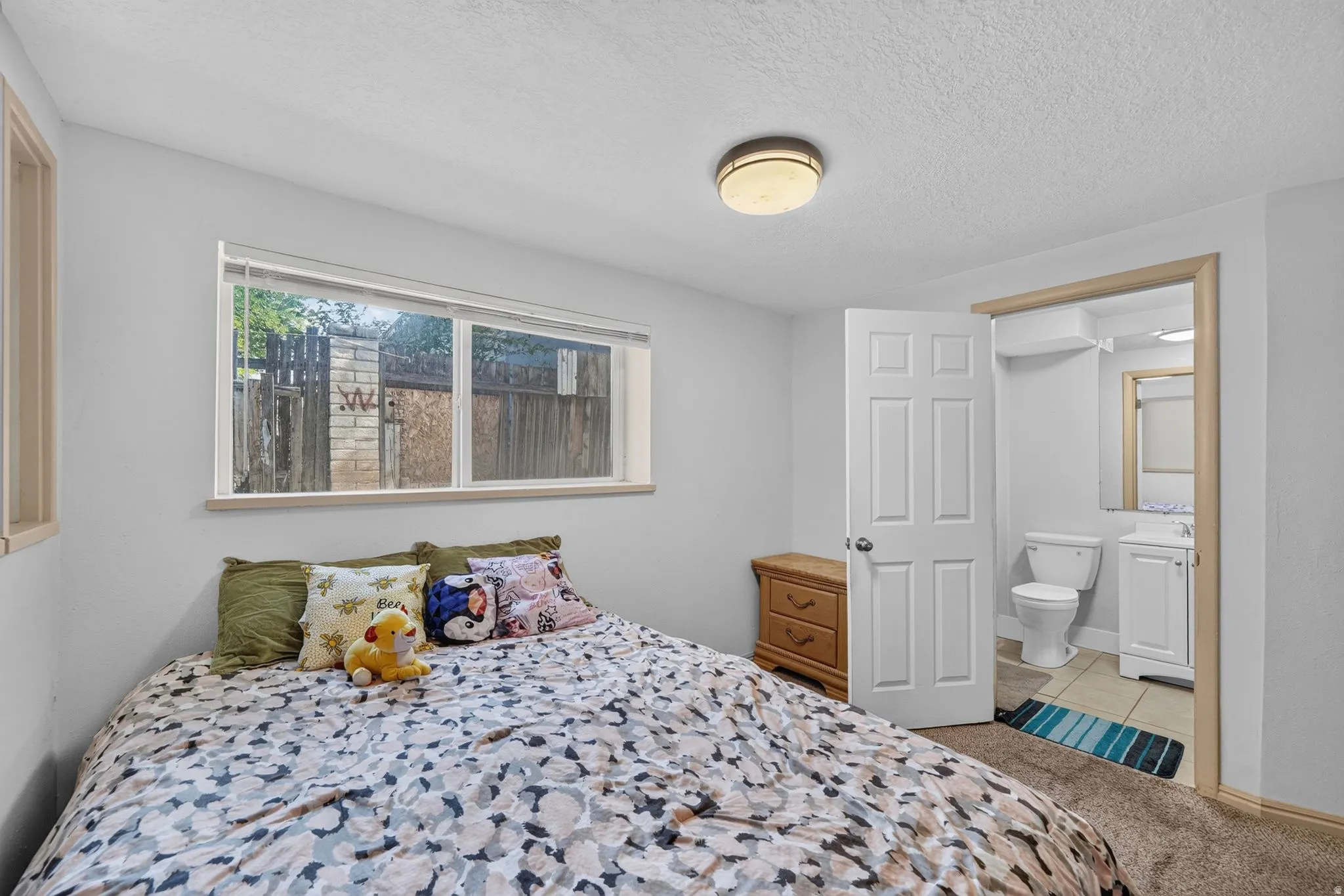 Bright interior room featuring a window with exterior views, neutral wall tones, and textured carpeting