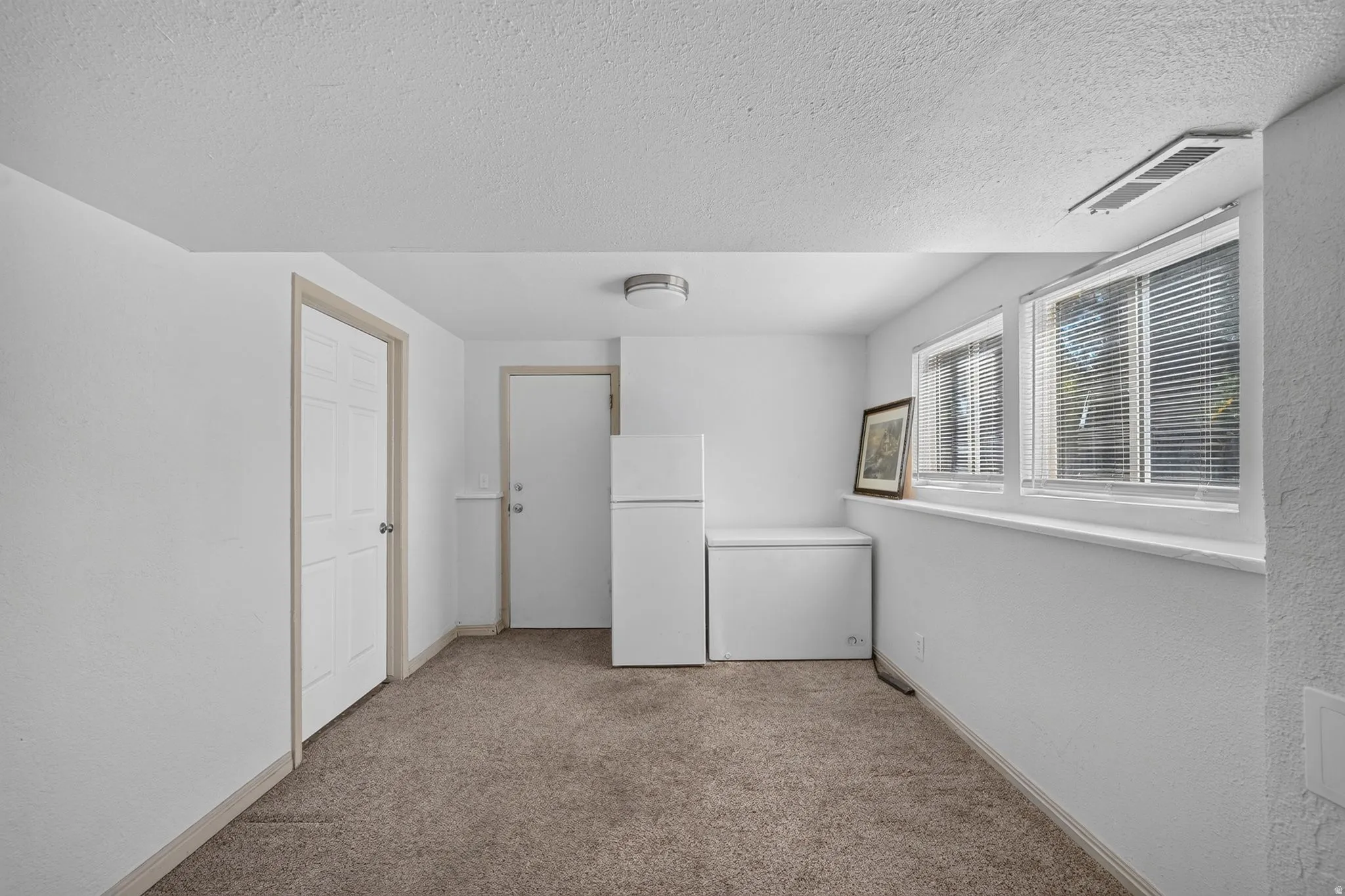 Carpeted room with white walls, two paneled doors, and two windows featuring horizontal blinds
