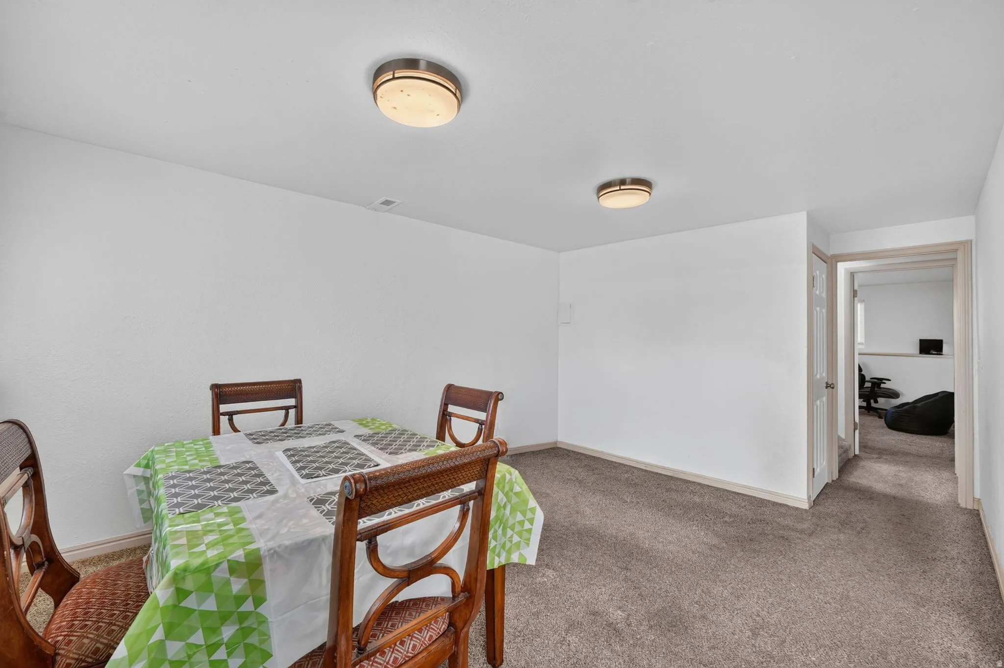 Carpeted room with white walls and a white ceiling, featuring two flush-mount ceiling lights
