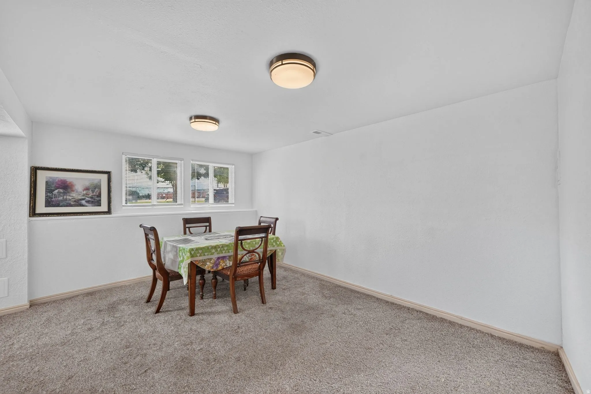 Lower-level room featuring two windows, neutral carpeting, and two flush-mount ceiling lights