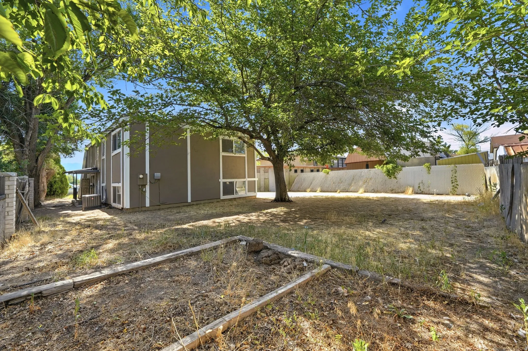 Expansive backyard featuring a mature shade tree and perimeter fencing