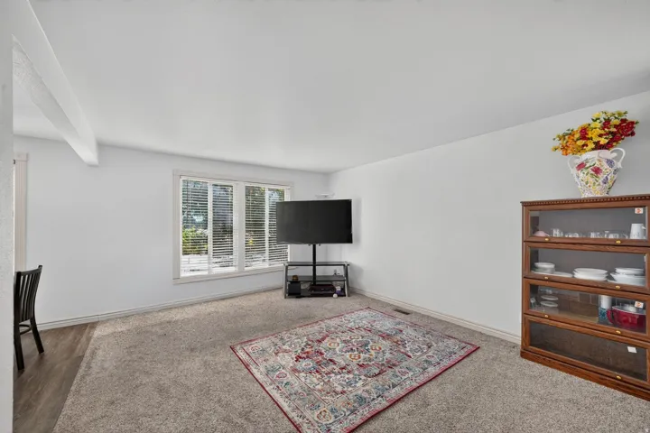 Spacious living area featuring light-toned walls, a large multi-pane window with blinds, and neutral carpeting