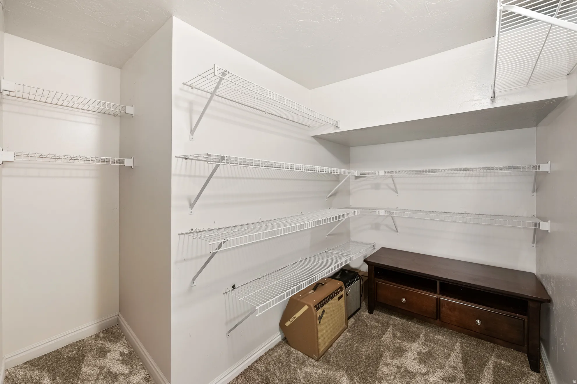 Spacious closet featuring white wire shelving, a large built-in shelf, and neutral carpeting
