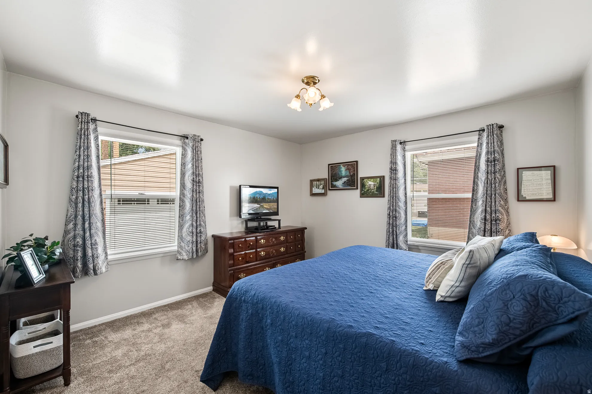 Bedroom featuring two windows with blinds, light gray wall paint, textured carpeting, and a ceiling-mounted light fixture