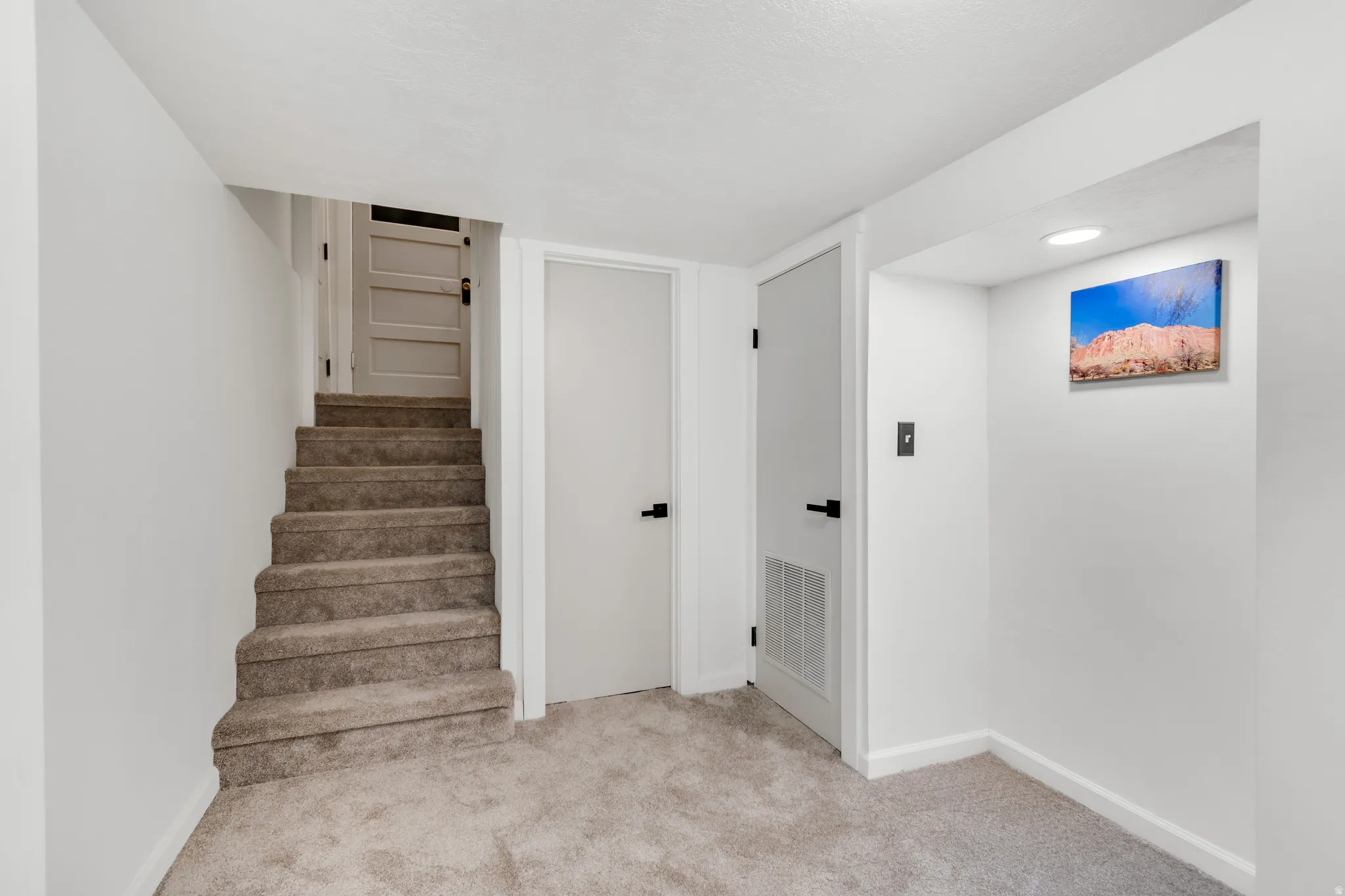 Carpeted stairs leading to an upper level, with two interior doors featuring matte black hardware