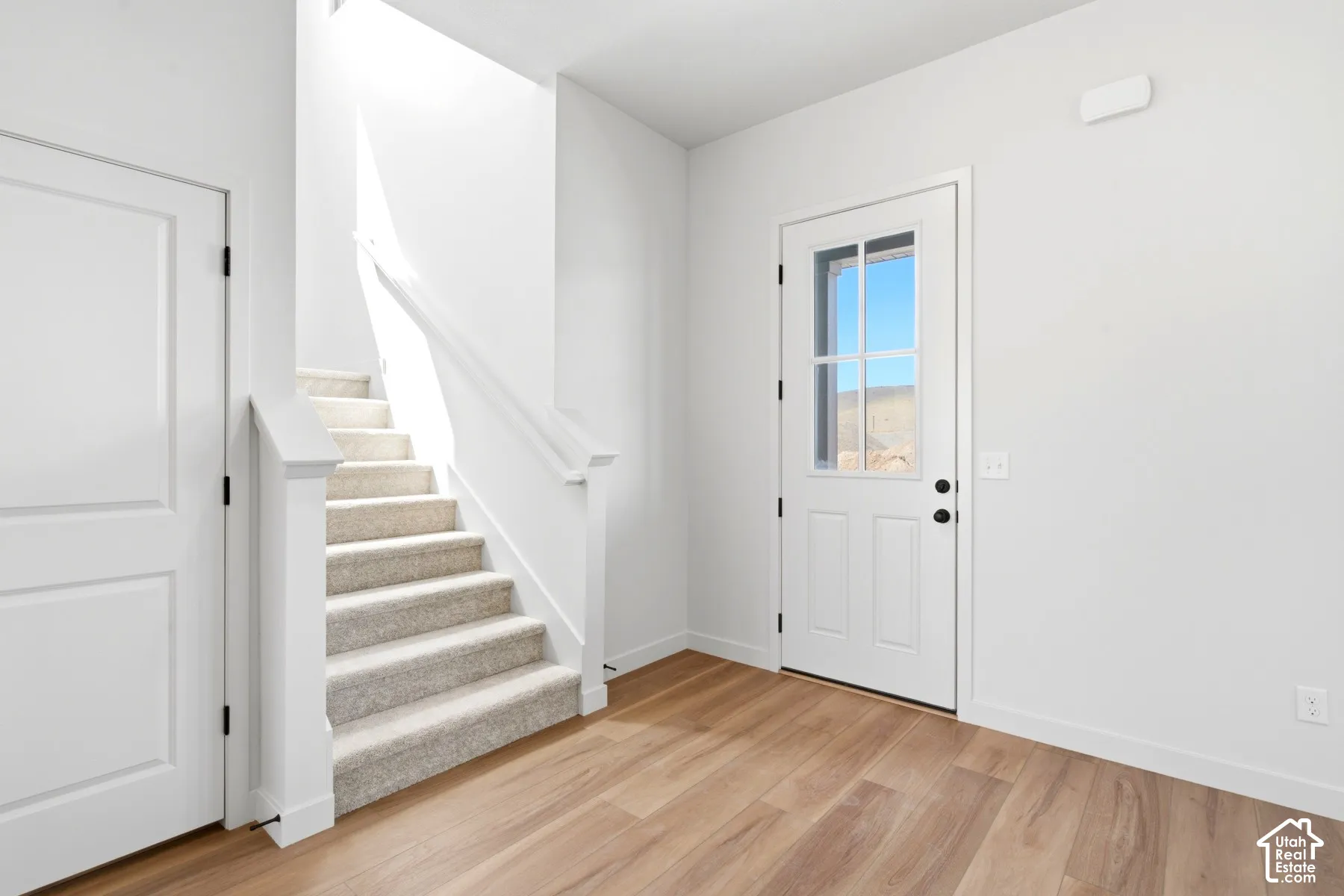 Entryway featuring wood-finish flooring, a white paneled door with windowpanes, and a carpeted staircase with white railings