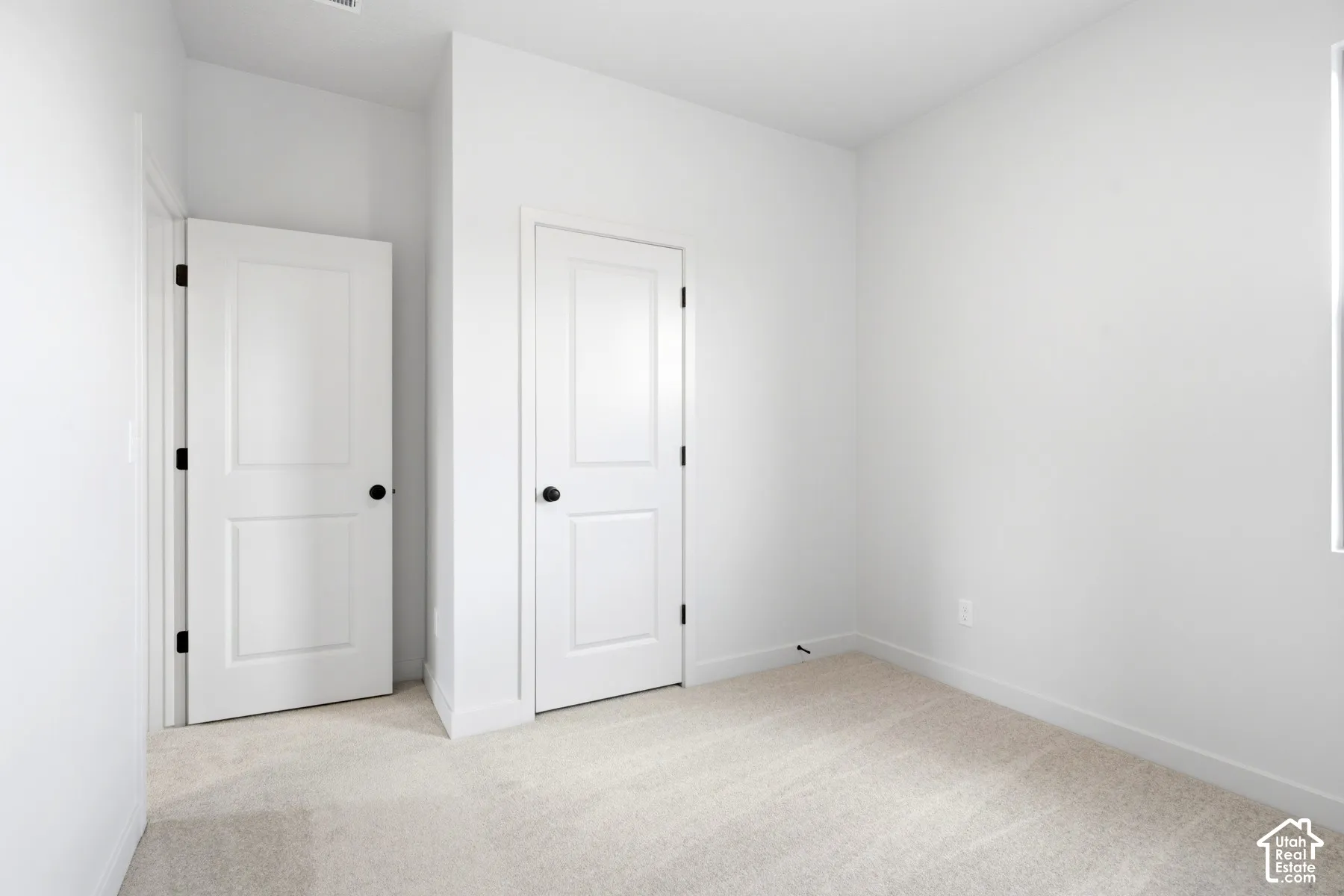 Neutral tone wall paint, light-toned carpeting, white trim, and two paneled doors with matte black hardware
