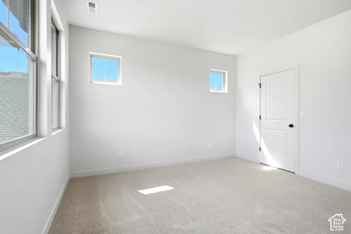 Spacious room featuring light-toned carpeting, white walls, and bright white trim